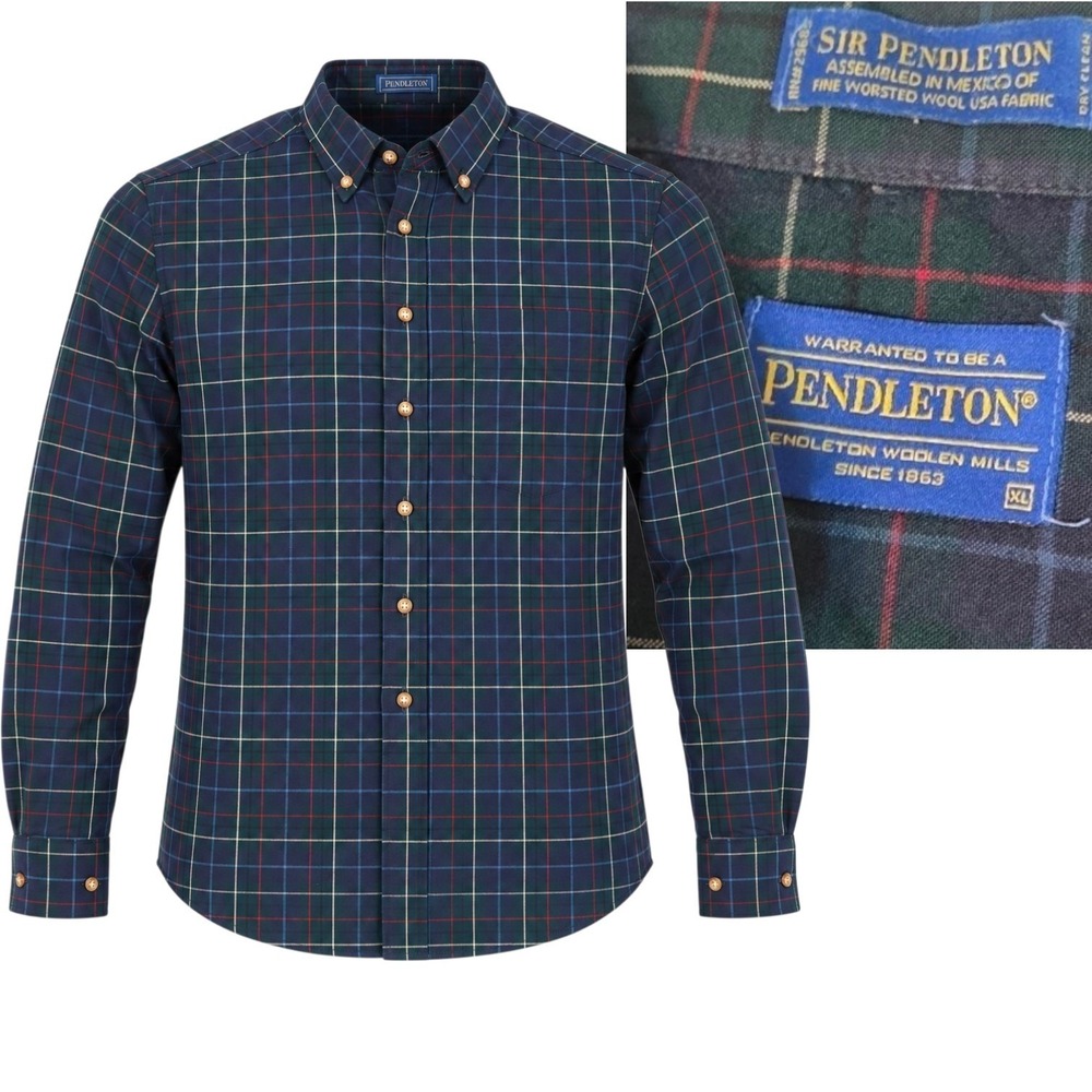 Pendleton Shirt Mens XL Blue Green Plaid Sir Pendleton Worsted Wool Button Down